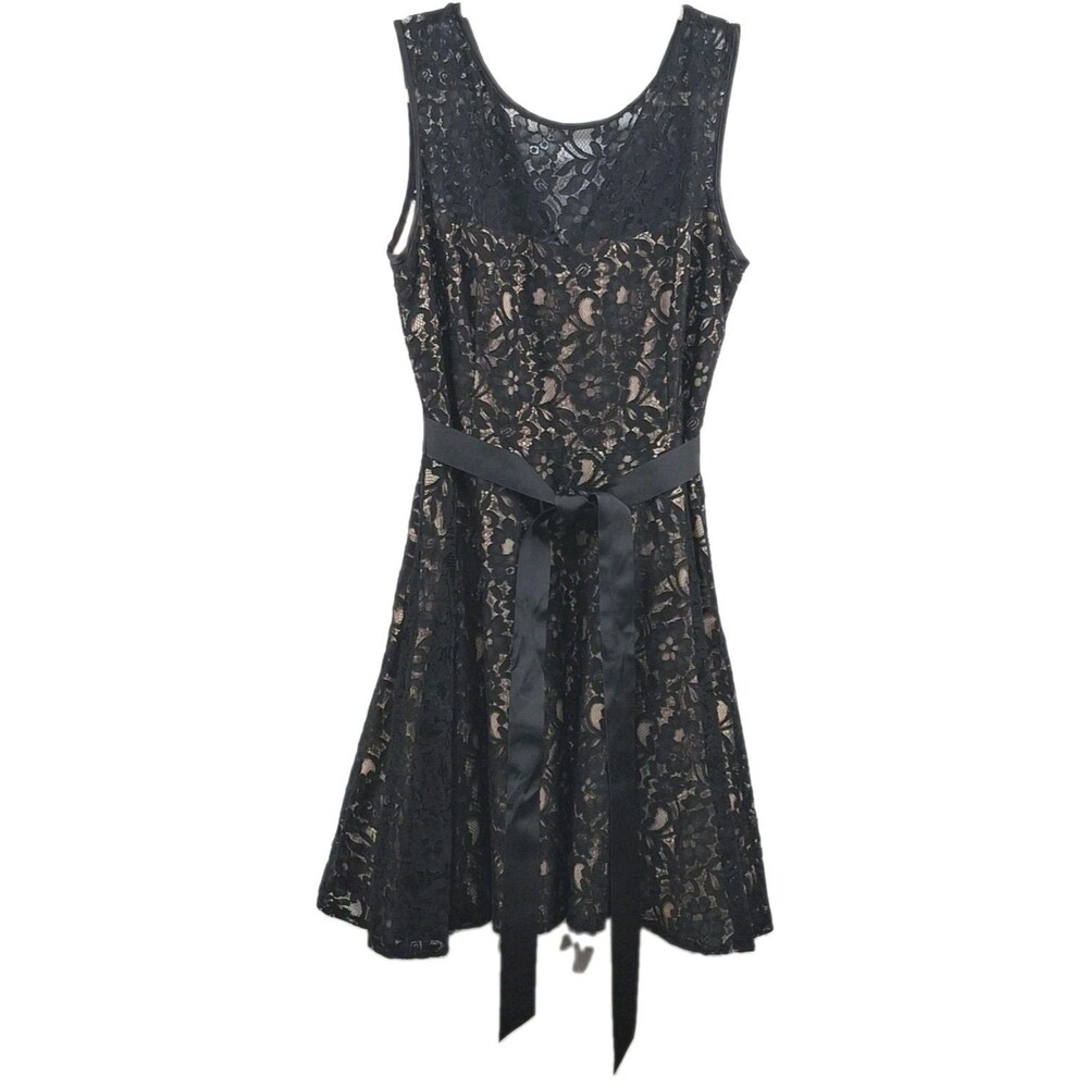Romantic Black Tan Lace Fit&Flare Dress Betsy & Adam Sheer Neckline Homecoming